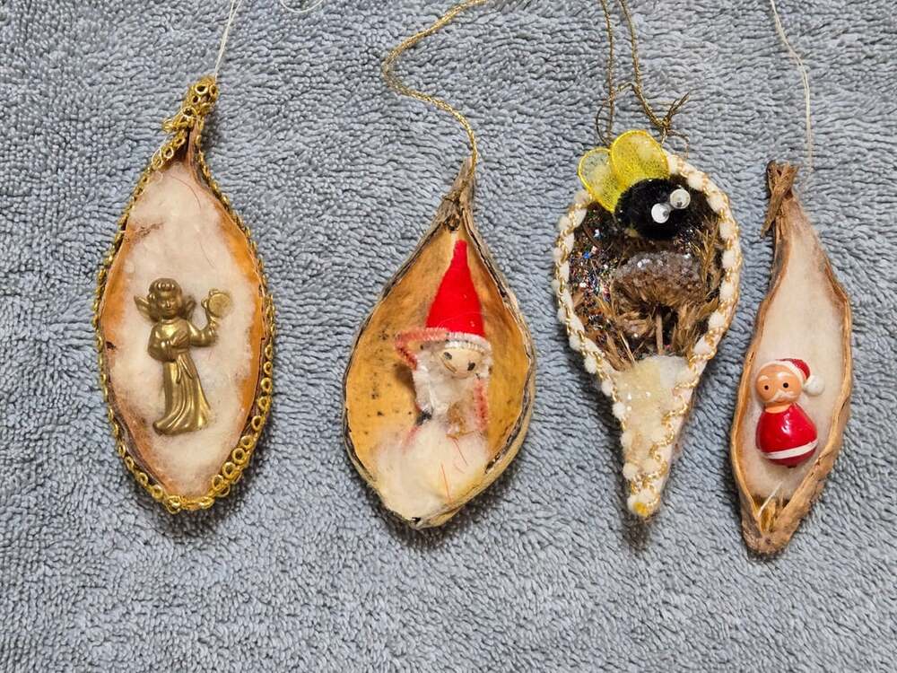 Vintage Handcrafted Milkweed Pod Diorama Christmas Ornaments Set of 4